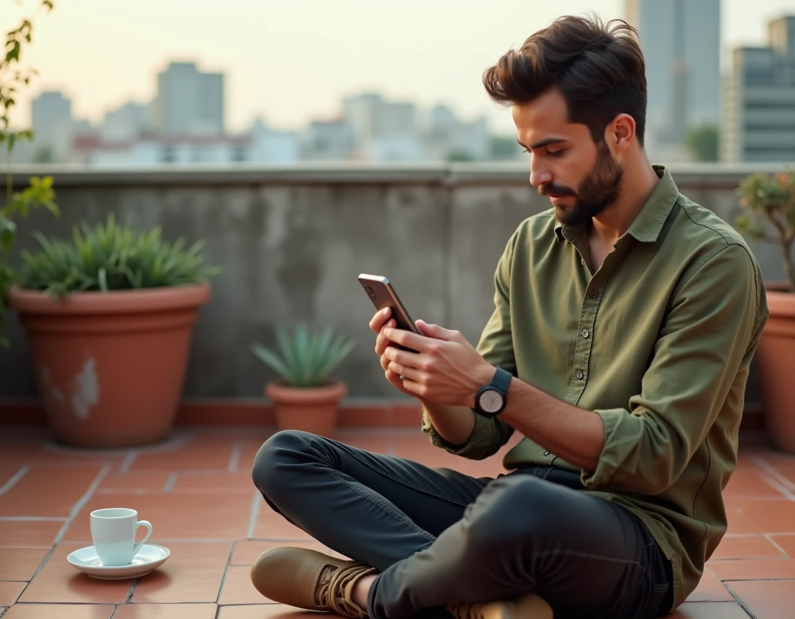 Homme consultant ses stories Instagram sur un balcon urbain avec une atmosphère esthétique et cohérente