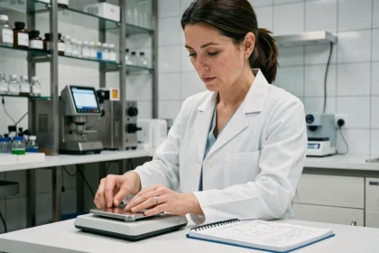 Femme en blouse blanche utilisant une balance de précision dans un laboratoire avec un tableau de conversion kg en mg sur un cahier