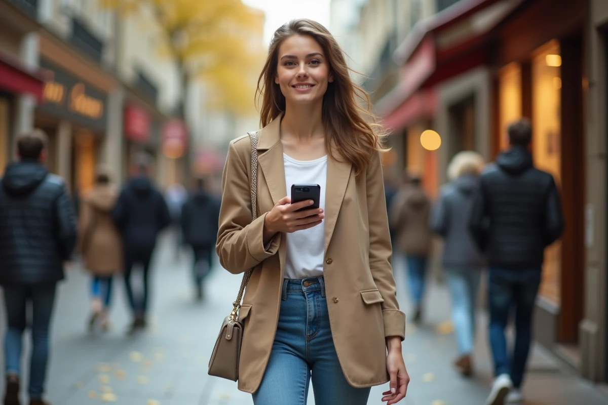 Femme portant un cordon téléphone autour du poignet en marchant dans une rue urbaine animée