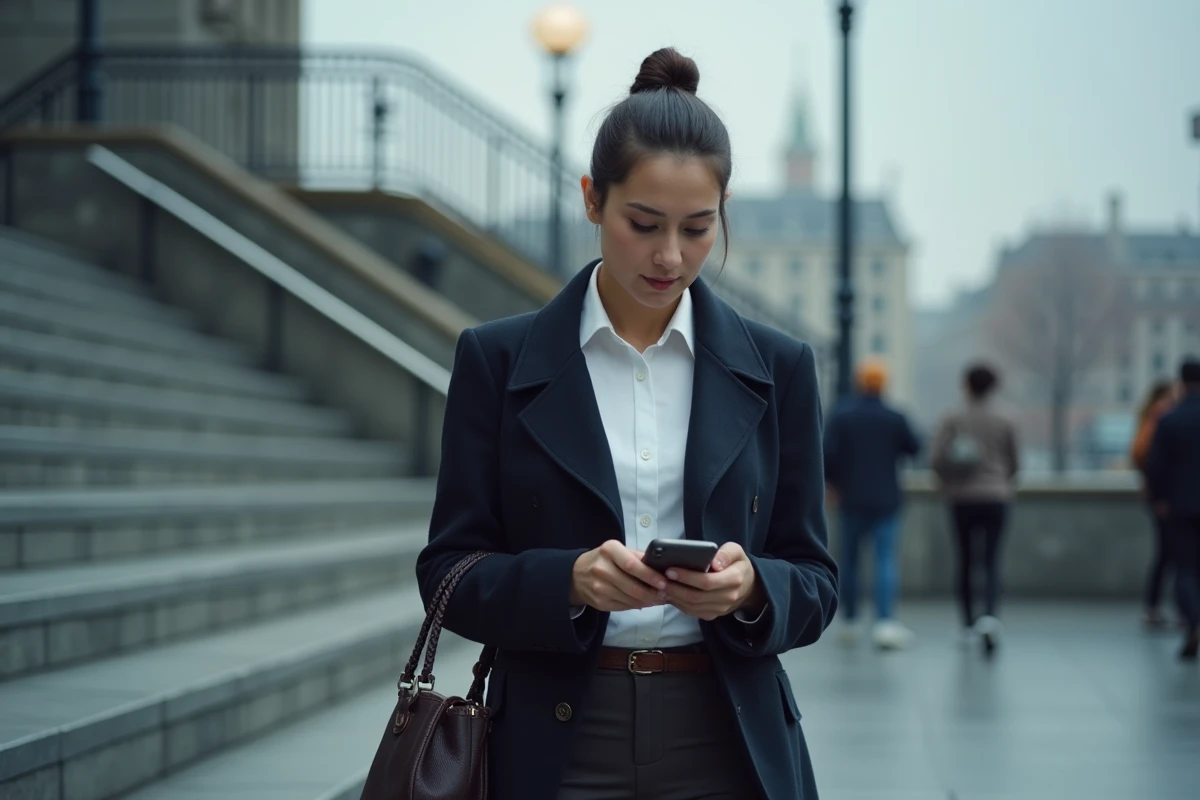 Femme utilisant un cordon téléphone fixé à son sac près d'une entrée de métro