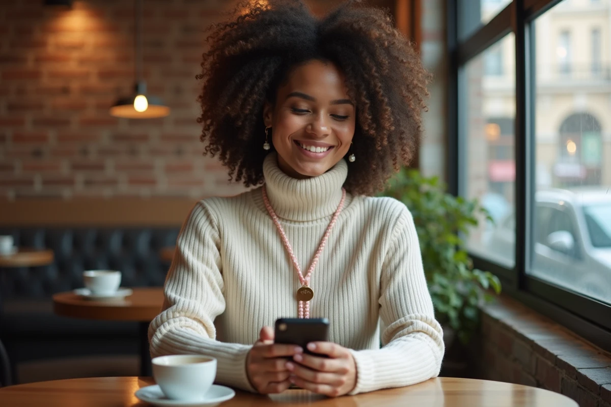 Femme avec un cordon tour de cou pour smartphone assis dans un café tendance