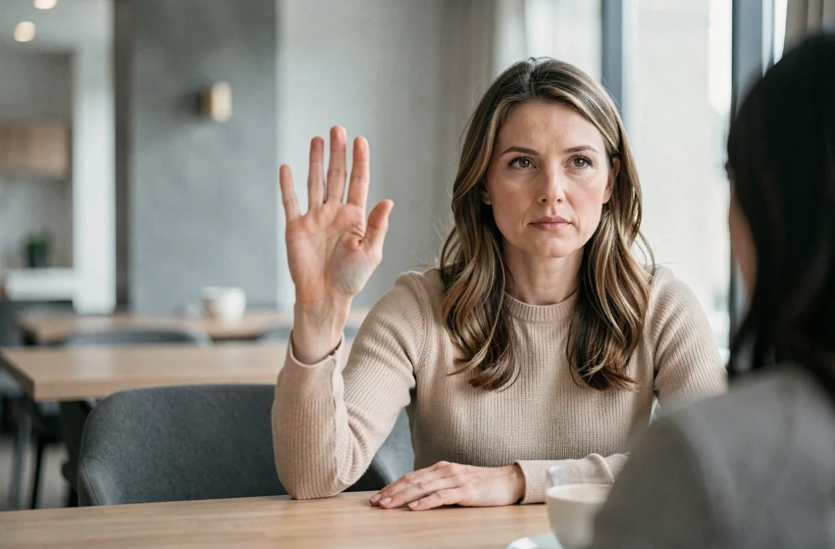 Femme levant la main calmement pour couper court à une conversation circulaire