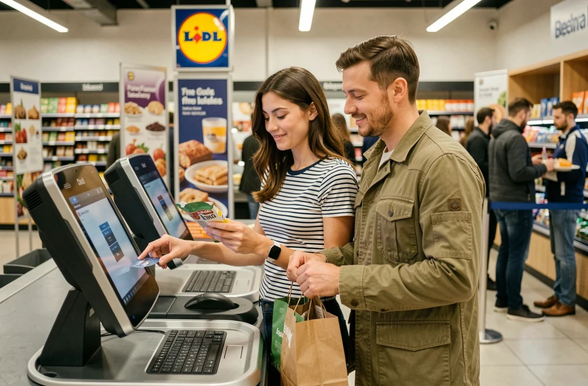 Couple scannant leurs courses à une caisse automatique d'un supermarché Lidl