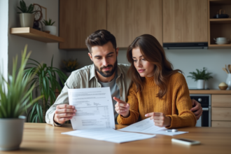 Jeune couple discutant de documents dans leur appartement