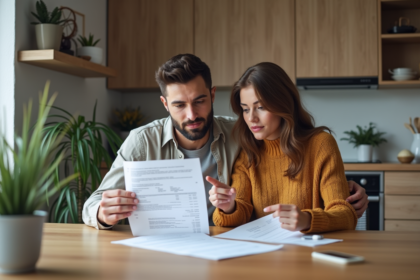 Jeune couple discutant de documents dans leur appartement