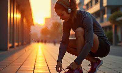 Coureur attachant ses lacets avec écouteurs Bluetooth à la mode