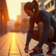 Coureur attachant ses lacets avec écouteurs Bluetooth à la mode