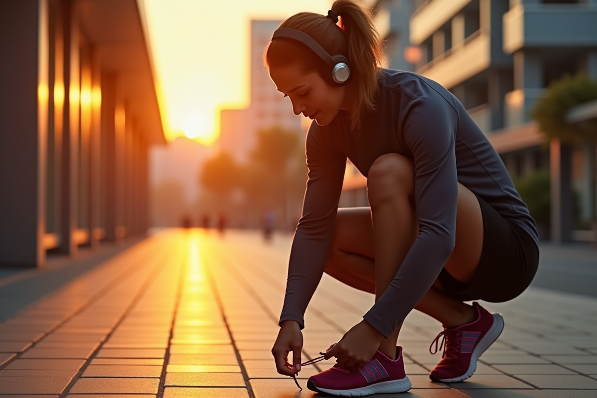 Coureur attachant ses lacets avec écouteurs Bluetooth à la mode