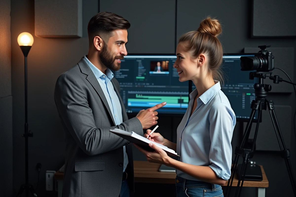 Deux créateurs de contenu discutant de la migration de leurs vidéos vers une plateforme décentralisée dans un studio