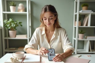 Jeune femme arrangeant un flat lay esthétique avec un smartphone affichant des stories Instagram sur un bureau minimaliste blanc