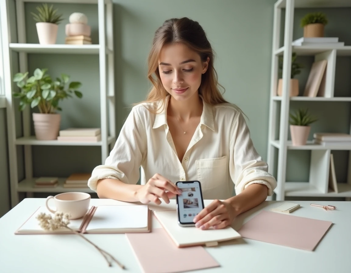 Jeune femme arrangeant un flat lay esthétique avec un smartphone affichant des stories Instagram sur un bureau minimaliste blanc