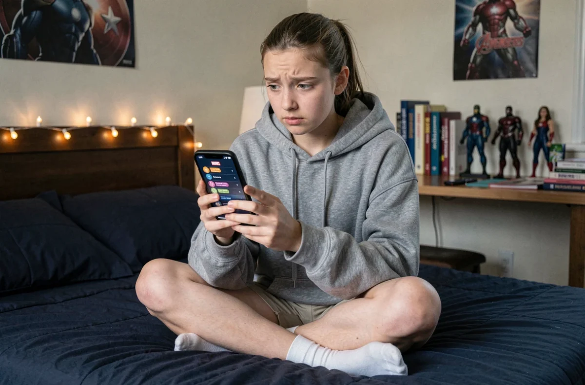 Adolescente assise sur son lit tenant un smartphone affichant une timeline du MCU Marvel, entourée de figurines et posters de super-héros dans sa chambre