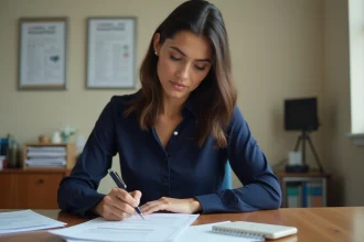 Femme remplissant un dossier de demande de nationalité française dans un bureau administratif