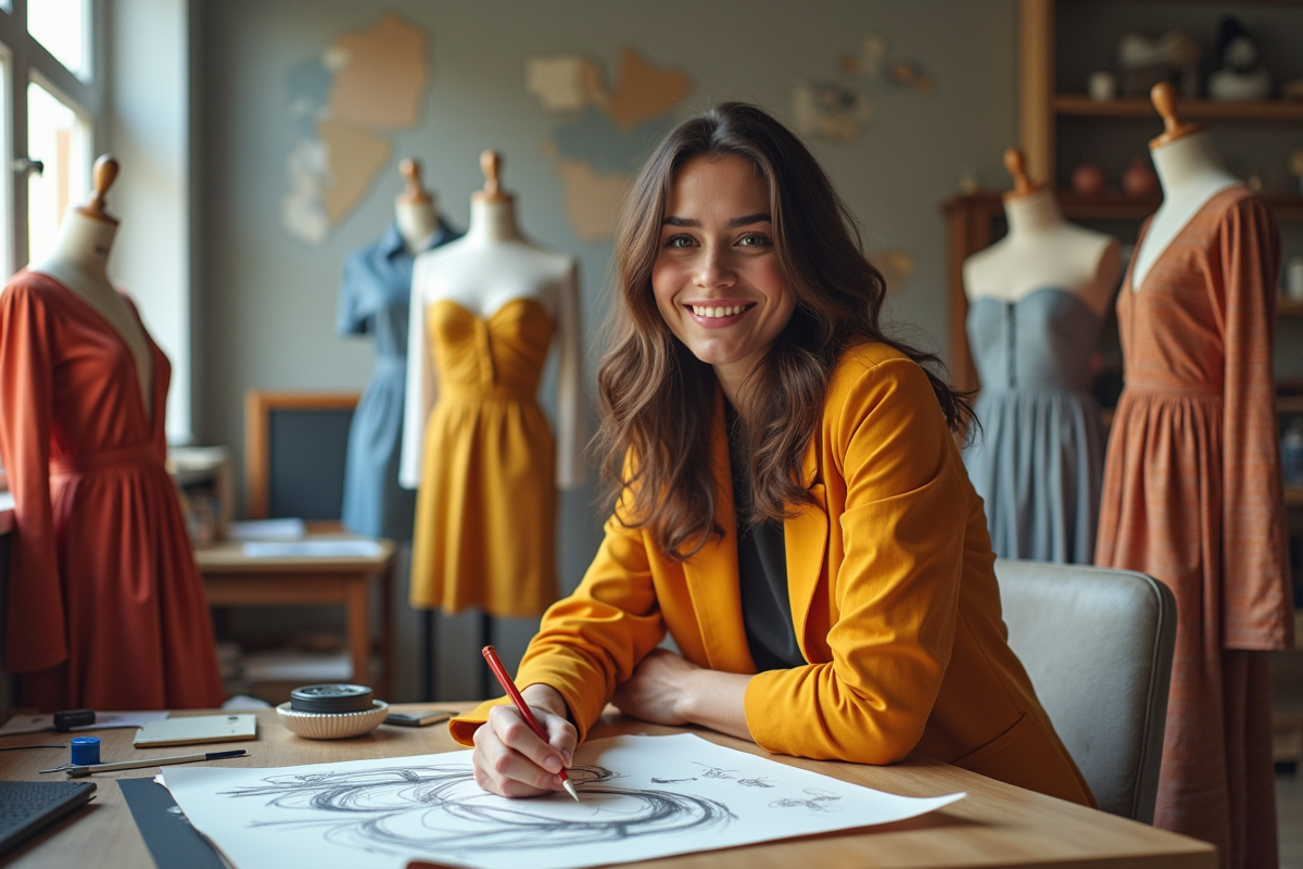 Créateur de mode dans son studio avec croquis et tissus