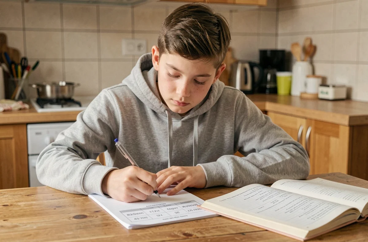 Adolescent faisant ses devoirs de mathématiques avec un tableau de conversion des unités de masse kg en grammes et milligrammes