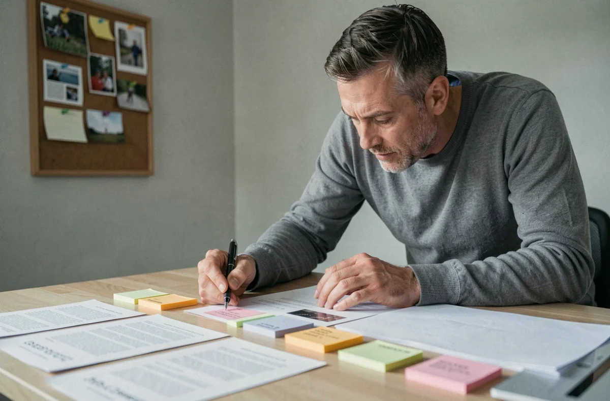 Homme organisant des documents et notes chronologiques sur un bureau pour documenter une chronologie des faits