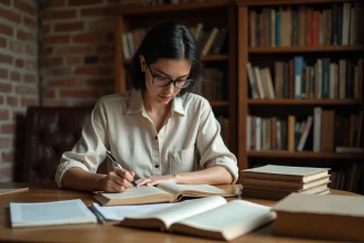 Éditrice lisant un manuscrit de poésie dans les bureaux des Éditions ACALA, entourée de livres et de notes manuscrites
