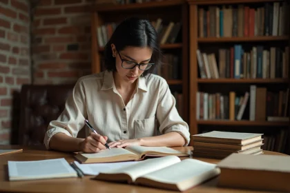 Éditrice lisant un manuscrit de poésie dans les bureaux des Éditions ACALA, entourée de livres et de notes manuscrites