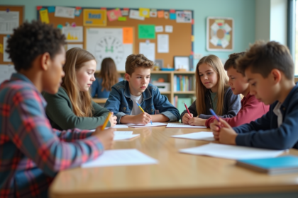 Groupe d'élèves en classe collaborant sur un projet
