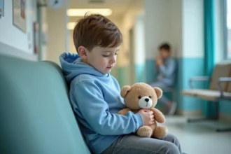 Jeune garçon assis sur un banc d'hôpital avec peluche