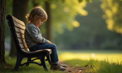 Jeune enfant seul sur un banc de parc en réflexion