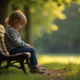 Jeune enfant seul sur un banc de parc en réflexion