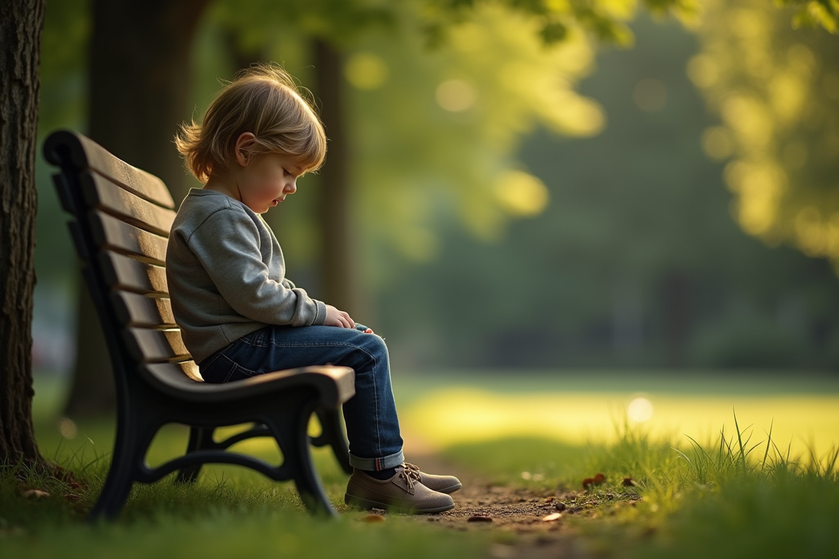 Jeune enfant seul sur un banc de parc en réflexion