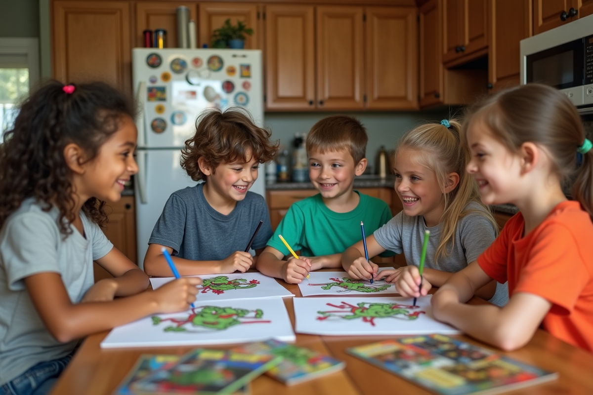 Enfants autour d'une table dessinant les tortues ninja