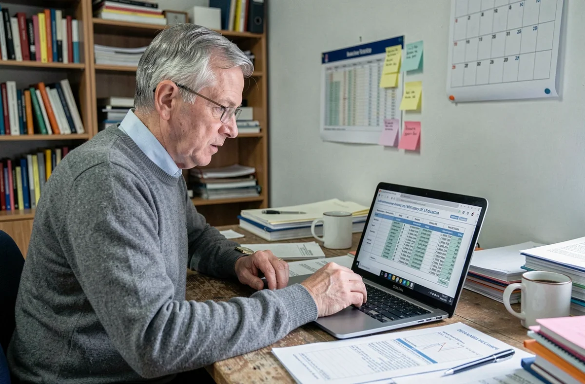 Enseignant certifié consultant une grille de salaire officielle sur ordinateur portable dans une salle des professeurs, pour planifier sa carrière jusqu'à la retraite