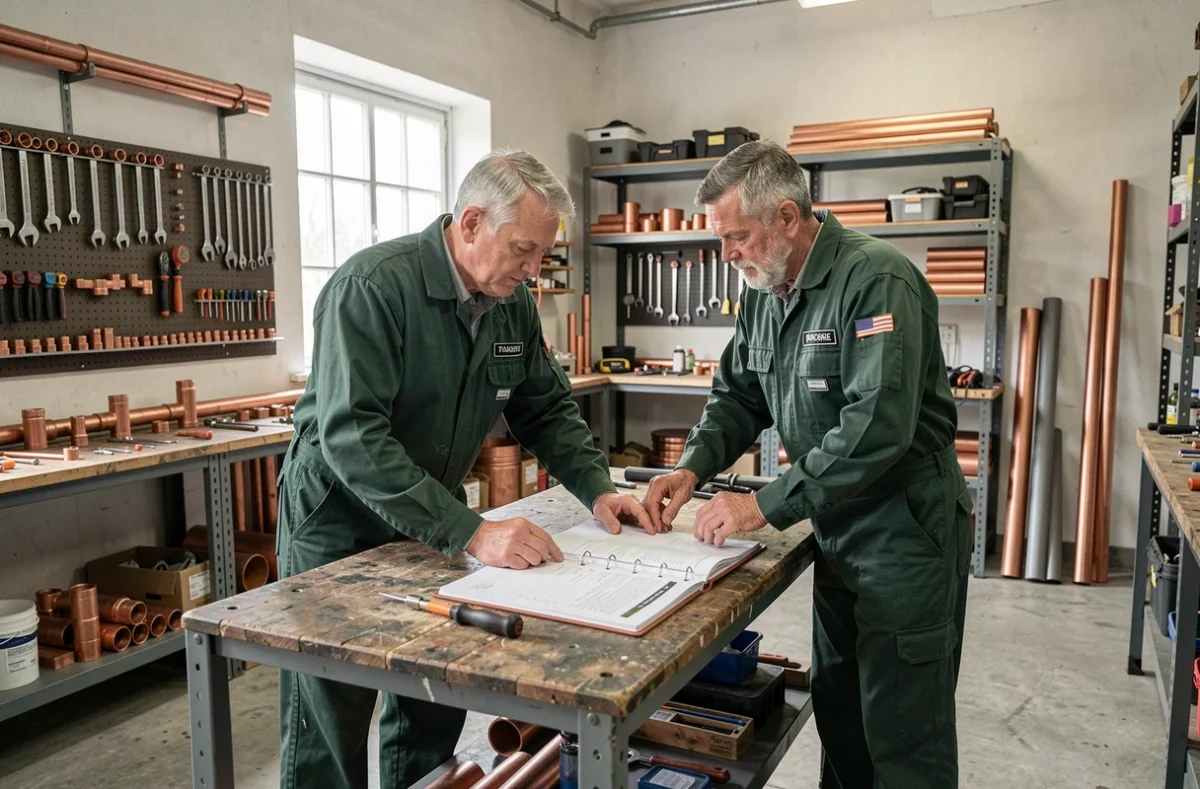 Deux chauffagistes collaborant sur des documents techniques dans un atelier de plomberie chauffage en Bretagne