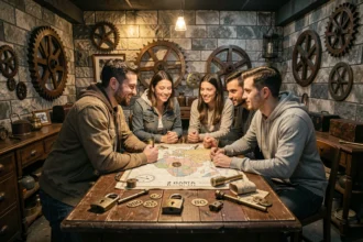 Groupe de joueurs en train de résoudre des énigmes dans une salle d'escape game thématique dans les Hauts-de-France