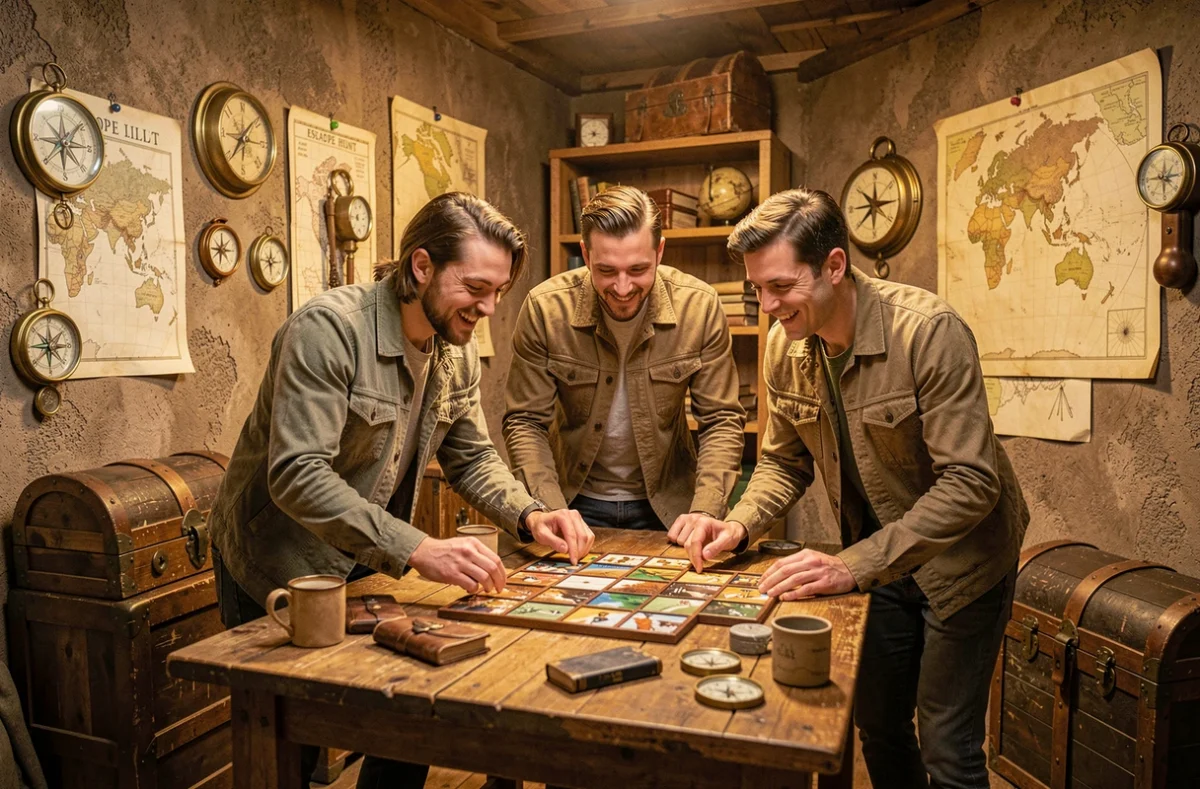 Groupe de joueurs explorant un décor d'aventure riche en indices et artefacts à l'Escape Hunt de Lille