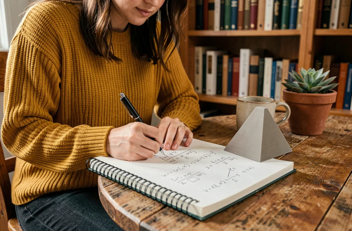 Étudiante calculant la hauteur d'une pyramide à base carrée avec un modèle 3D et des formules manuscrites