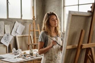 Étudiante en école d'art à Lyon se questionnant devant sa toile dans un atelier de peinture