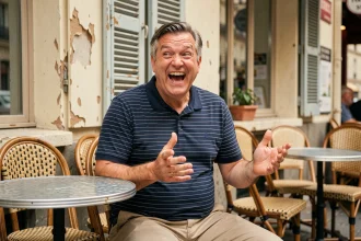 Homme français d'âge mûr éclatant de rire en racontant une expression drôle typique dans un café parisien