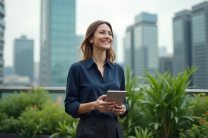 Femme d'affaires souriante sur un rooftop vert avec tablette