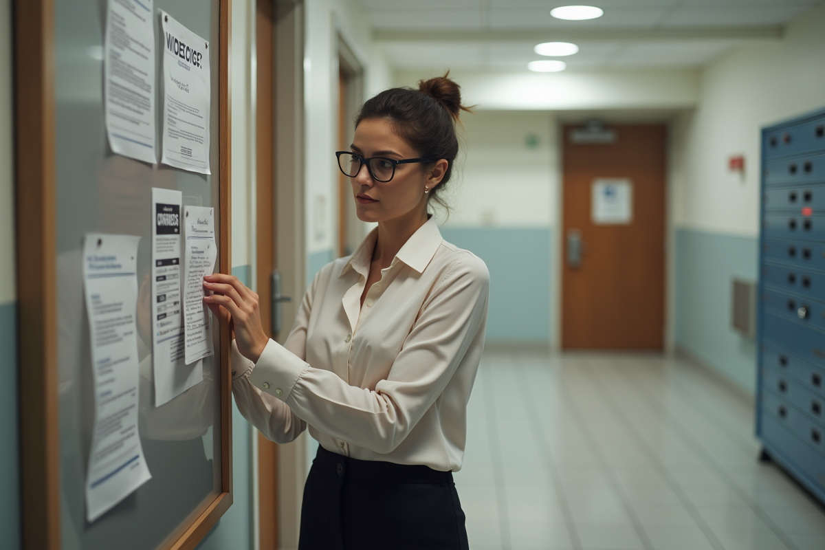 Femme pinçant une affiche dans le hall d