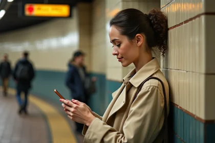 Femme consultant l'application RATP sur son smartphone sur un quai de métro parisien