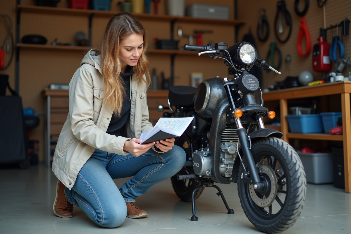 Jeune femme examine un moteur de moped dans un garage