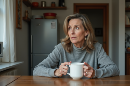 Femme anxieuse assise à la cuisine avec tasse