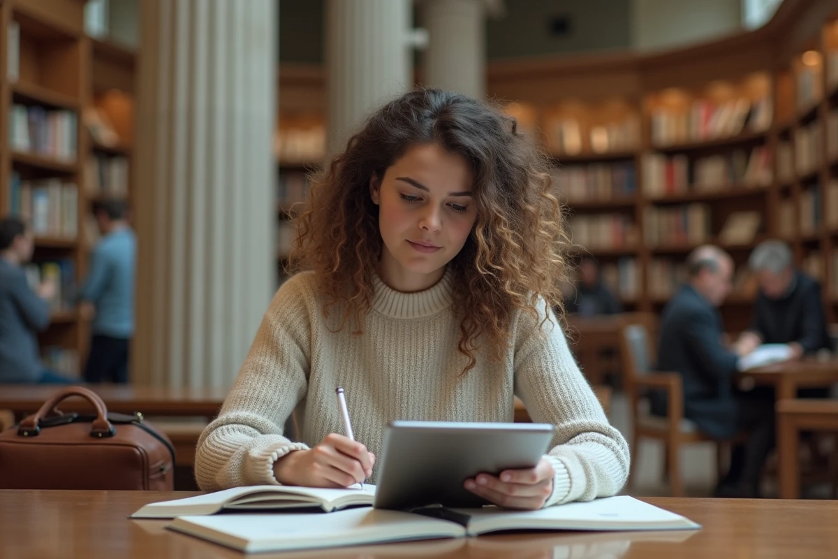 Jeune femme prend des notes dans une bibliothèque