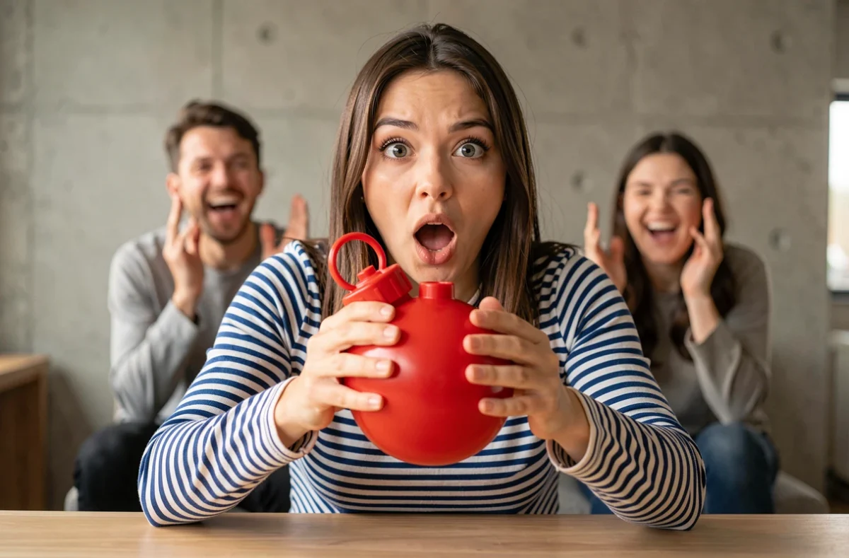 Femme tenant une bombe de jeu rouge et criant un mot lors d'une partie de Bomb Party