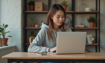 Jeune femme concentrée sur son ordinateur dans un bureau moderne