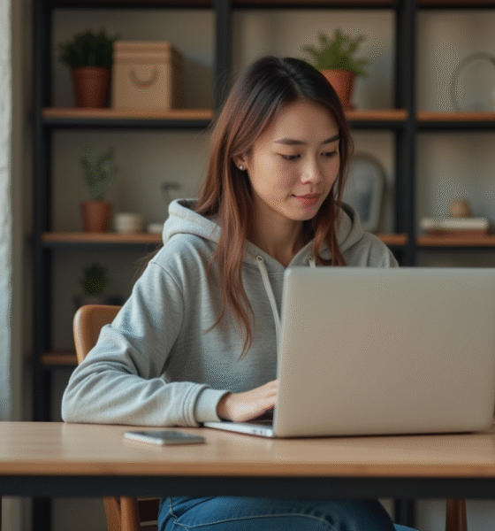 Jeune femme concentrée sur son ordinateur dans un bureau moderne