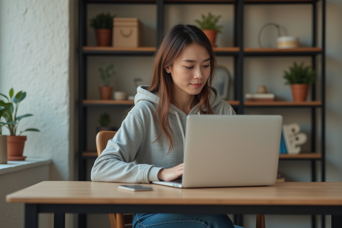 Jeune femme concentrée sur son ordinateur dans un bureau moderne