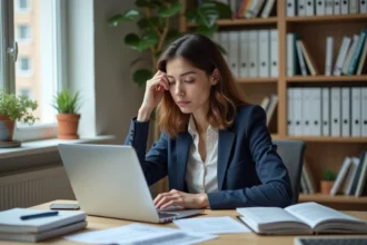 Jeune femme concentrée dans son bureau moderne avec ordinateur