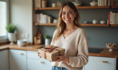 Femme souriante tenant une carte cadeau cuisine