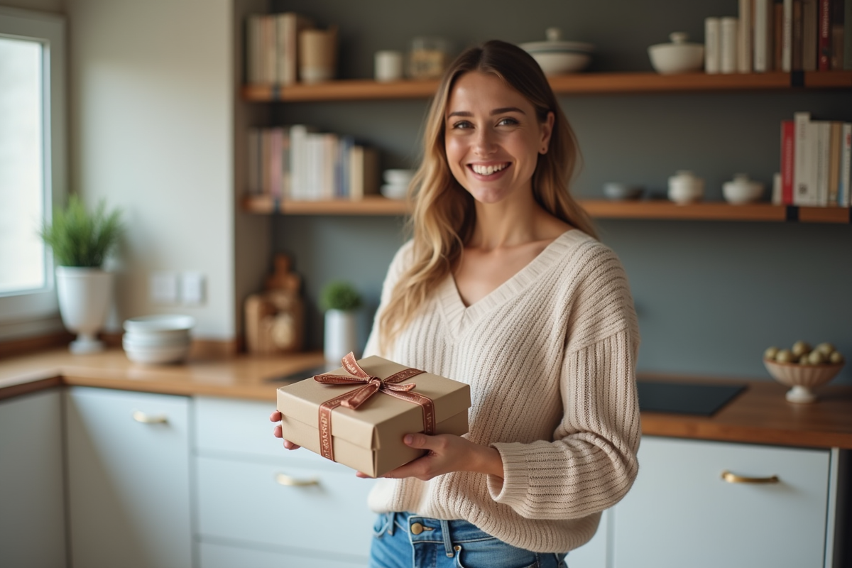 Femme souriante tenant une carte cadeau cuisine