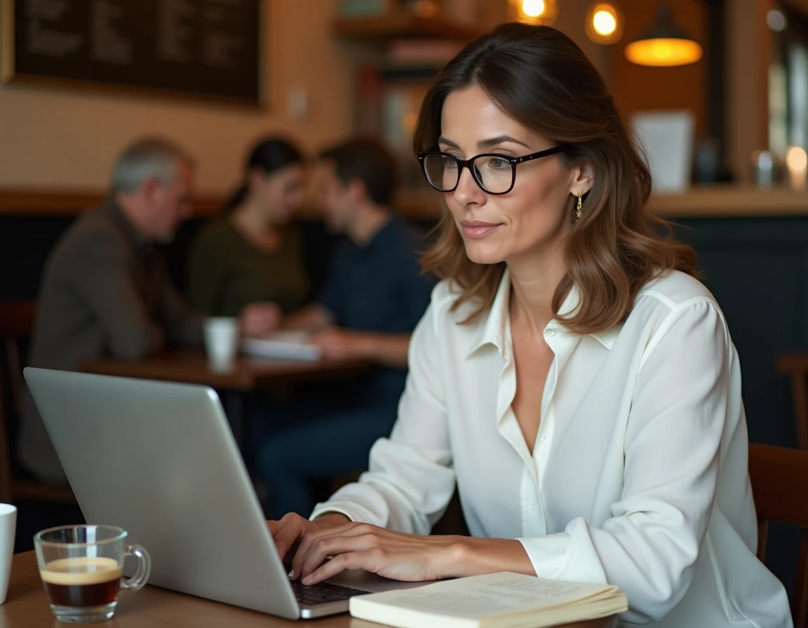 Femme avec des lunettes de lecture travaillant sur un article de blog dans un café, avec un compteur de mots visible sur l'écran de son ordinateur portable