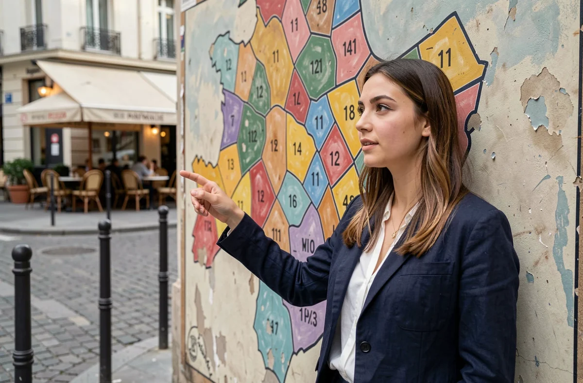 Femme pointant un arrondissement sur une fresque murale représentant la carte de Paris dans une rue parisienne